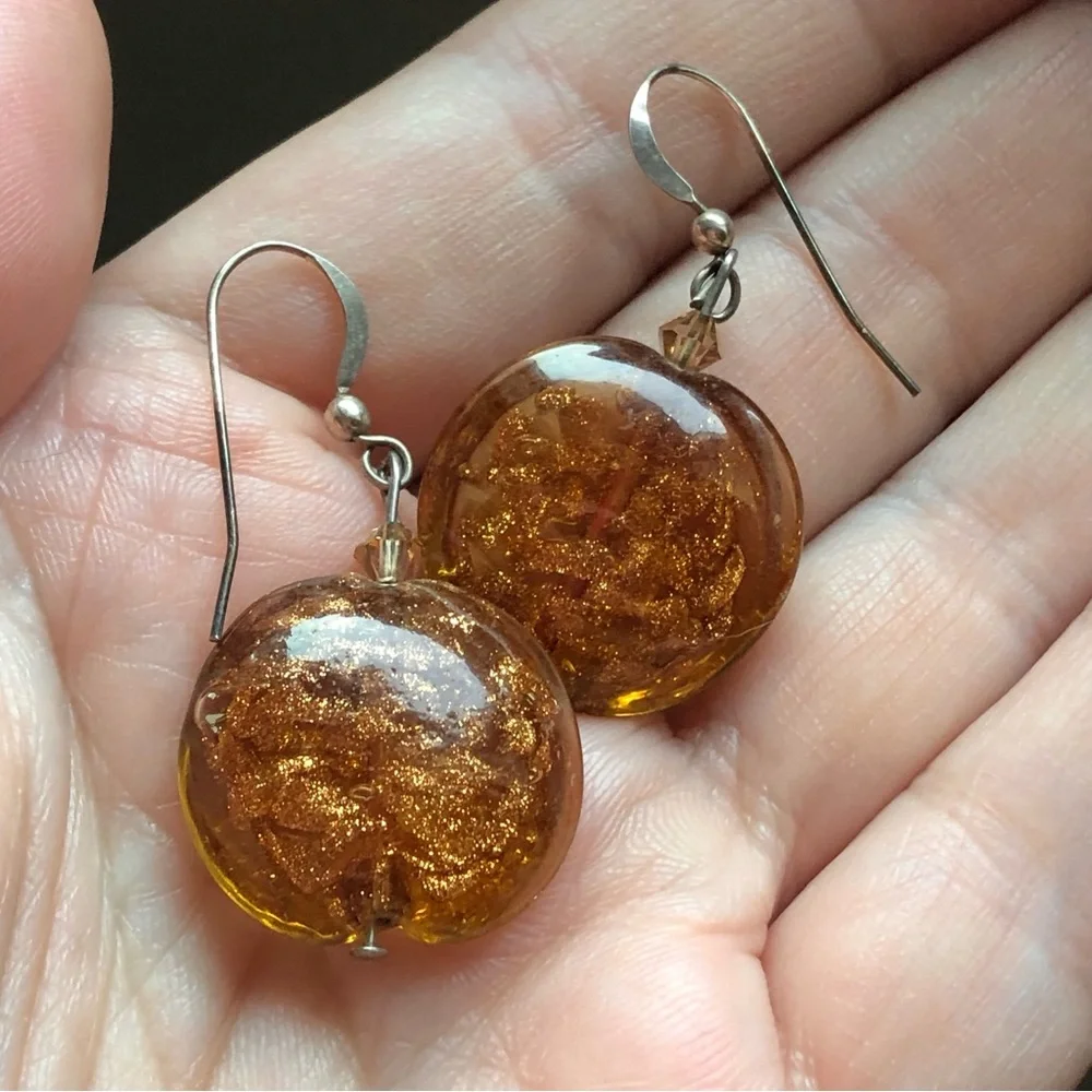 Vtg stamped 925 sterling silver & art glass copper mica dangle earrings Murano